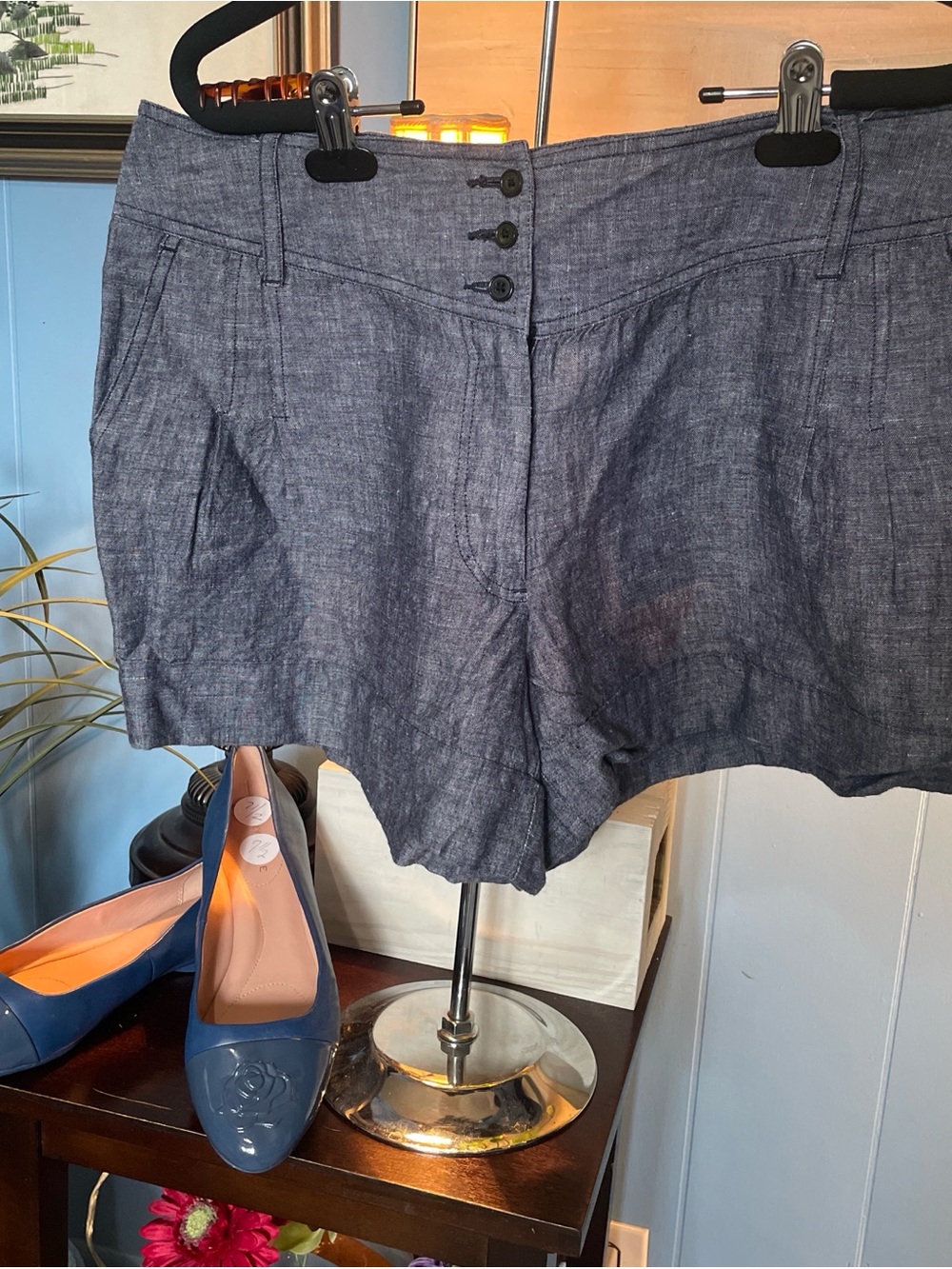 Cato Dark Chambray High-Waist Button Front Shorts